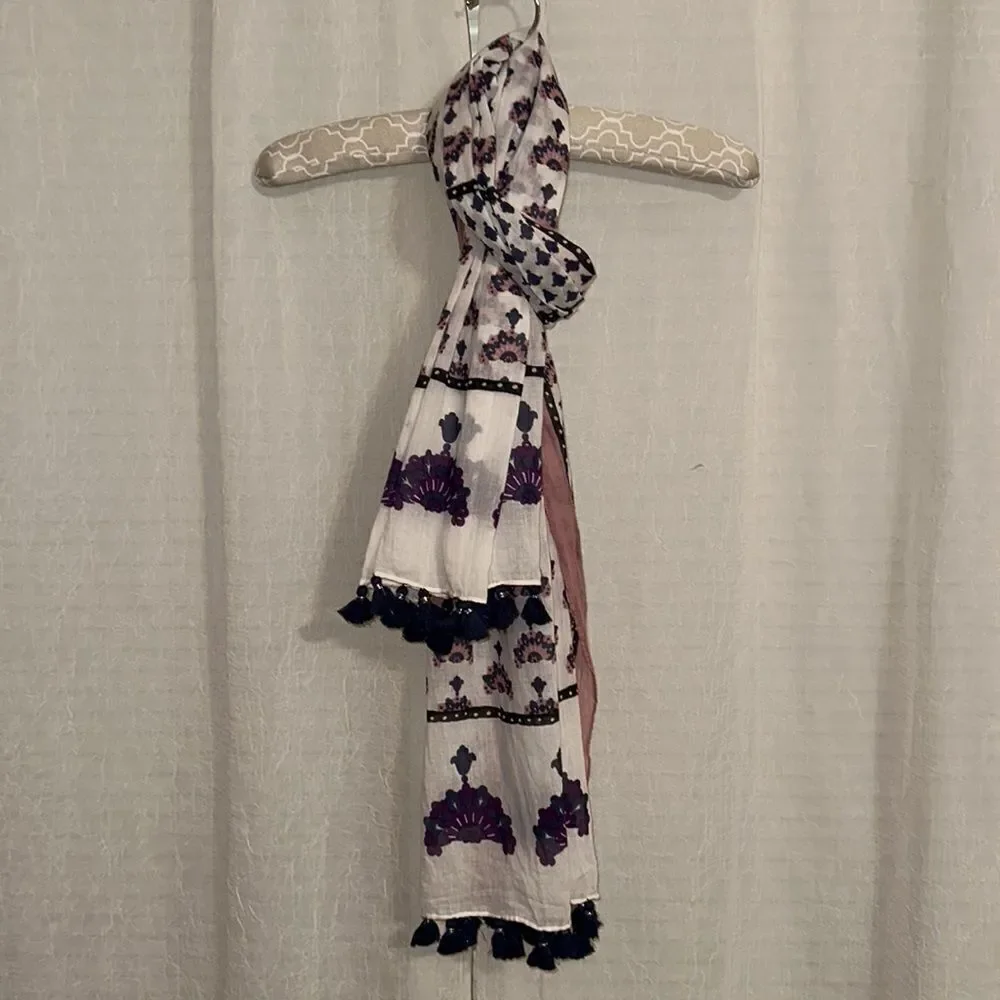 LOFT White Blush Pink Indigo Purple Silver Metallic Floral Tasseled Scarf Wrap